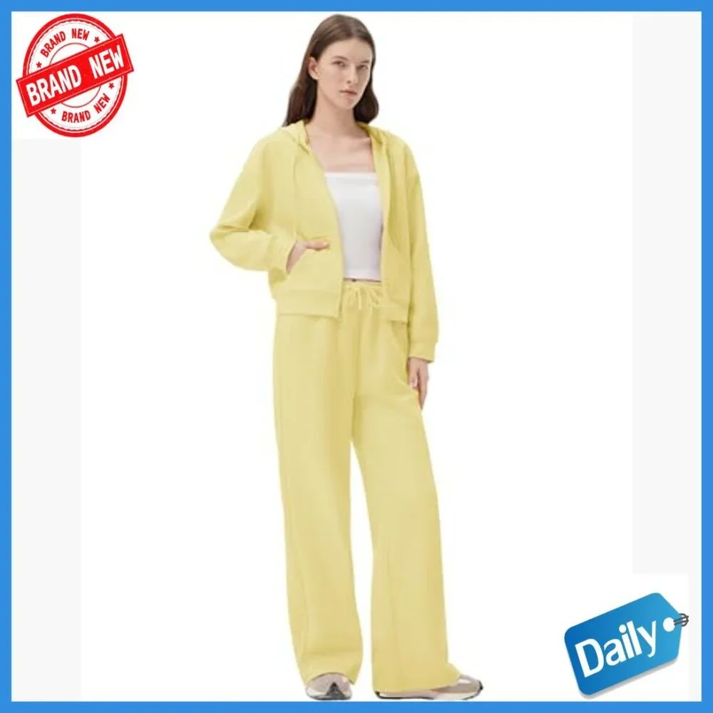 2-Piece Sweatsuit Set, Zip Hoodie & Wide Leg Sweatpants, Lounge Activewear